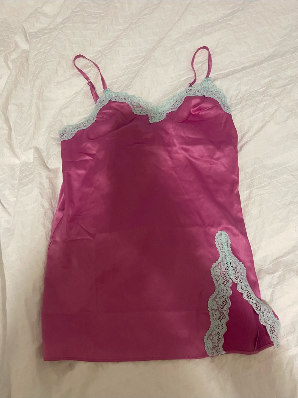 Victoria's Secret Magenta Satin Slip with Light Blue Lace Trim